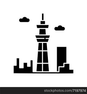 Skyscraper black glyph icon. Urban cityscape. Tokyo observation tower. Business district. Futuristic building. Airport terminal. Silhouette symbol on white space. Vector isolated illustration