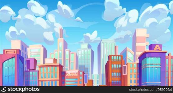 Skyscraper building city view vector illustration. Skyline and cloud background with modern high business office construction in town. Condo real estate big home in metropolis downtown district. Skyscraper building city view vector background