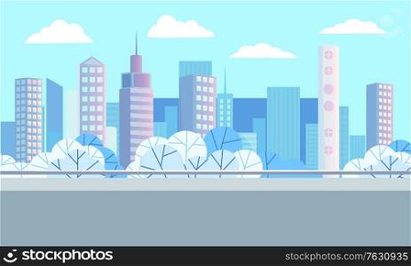 Skyscraper construction, high buildings and trees in city, modern architecture. Downtown panoramic view, district with park, cityscape in blue winter color vector. Flat cartoon. Modern Buildings, Downtown and Cityscape Vector