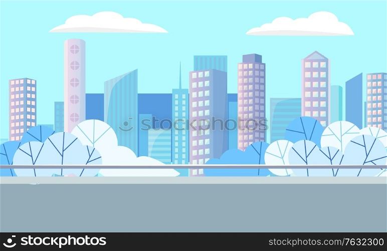Skyscraper construction, high buildings and trees in city, modern architecture. Downtown panoramic view, district with park, cityscape in blue winter color vector. Flat cartoon. Modern Buildings, Downtown and Cityscape Vector