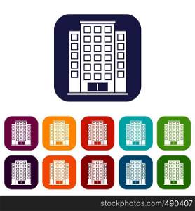 Skyscraper icons set vector illustration in flat style in colors red, blue, green, and other. Skyscraper icons set