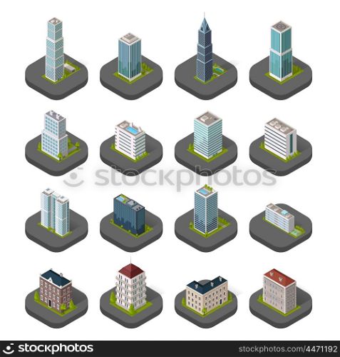 Skyscraper logo building icon. Set of buildings and isolated skyscraper. Isometric tower and office city architecture buildings, 3d house business building, apartment office vector illustration