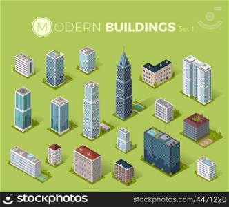 Skyscraper logo building icon. Set of buildings and isolated skyscraper. Isometric tower and office city architecture buildings, 3d house business building, apartment office vector illustration