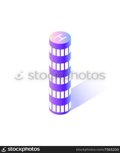 Skyscraper of rounded shape, modern city isolated icon vector. Building with place for helicopter to land, roof with H sign for copters landing smart town. Skyscraper of Rounded Shape, City Isolated Icon