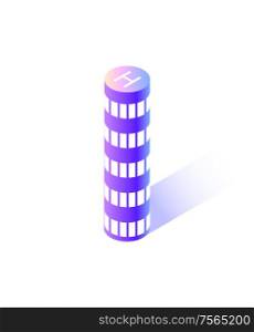 Skyscraper of rounded shape, modern city isolated icon vector. Building with place for helicopter to land, roof with H sign for copters landing smart town. Skyscraper of Rounded Shape, City Isolated Icon