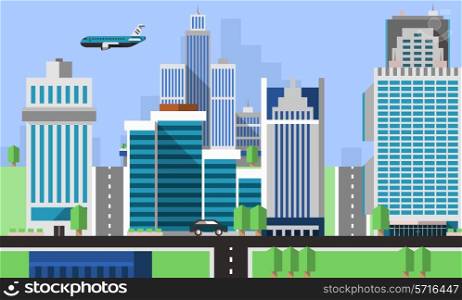 Skyscraper offices flat background with business real estate property apartments vector illustration
