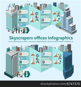 Skyscraper offices infographics with 3d isometric high buildings and charts vector illustration