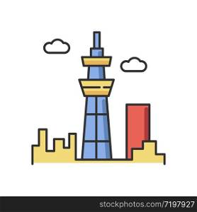 Skyscraper RGB color icon. Urban cityscape. Tokyo observation tower. Business district. Futuristic high building. Airport terminal. Aircraft construction. Isolated vector illustration