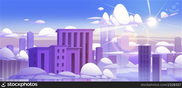 Skyscrapers above clouds, highrise city buildings rooftops peek up up of cumulonimbus cloudscape in blue sky and sun shine. Urban view background, downtown architecture, Cartoon vector illustration. Skyscrapers above clouds, highrise city buildings