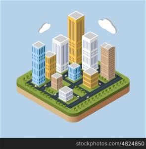 Skyscrapers and buildings. Skyscrapers and buildings in an isometric view.