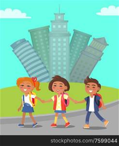 Skyscrapers and high buildings vector, children walking home, boy and girl wearing uniform and carrying satchel. Kids strolling and smiling in town. Children Walking in City Cityscape with Skyscrapers