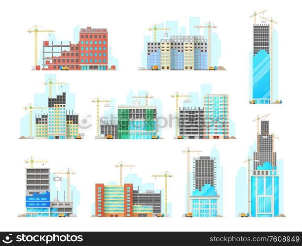 Skyscrapers building construction isolated cartoon vector icons set. Working cranes put stone blocks on buildings facade, concrete mixer and lorry with sand riding on site. Urban housing build process. Skyscrapers building construction vector icons set