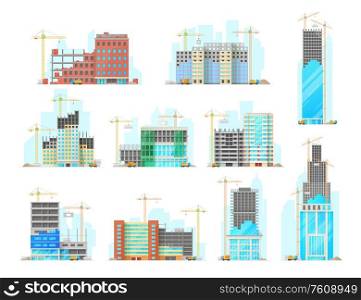 Skyscrapers building construction isolated cartoon vector icons set. Working cranes put stone blocks on buildings facade, concrete mixer and lorry with sand riding on site. Urban housing build process. Skyscrapers building construction vector icons set