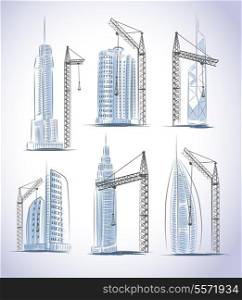 Skyscrapers buildings construction icons set with cranes isolated sketch vector illustration