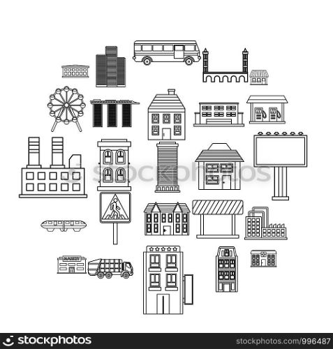 Skyscrapers icons set. Outline set of 25 skyscrapers vector icons for web isolated on white background. Skyscrapers icons set, outline style