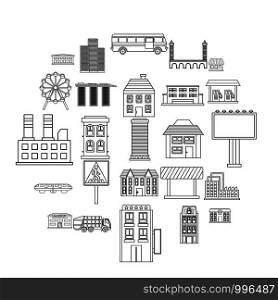 Skyscrapers icons set. Outline set of 25 skyscrapers vector icons for web isolated on white background. Skyscrapers icons set, outline style