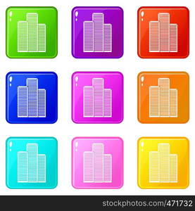 Skyscrapers in Singapore icons of 9 color set isolated vector illustration. Skyscrapers in Singapore icons 9 set