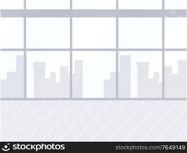 Skyscrapers in window, airport empty room interior design vector. Glass wall and wooden floor, cityscape and towers silhouette, departure or arrival. Airport Empty Room Interior, Skyscrapers in Window