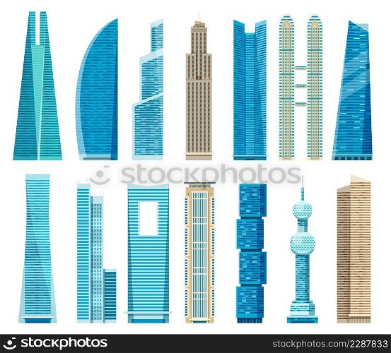 Skyscrapers, modern skyscraper towers, city business office buildings. Downtown glass architecture, urban building facade vector set. Illustration of building architecture, business office collection. Skyscrapers, modern skyscraper towers, city business office buildings. Downtown glass architecture, urban building facade vector set