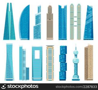 Skyscrapers, modern skyscraper towers, city business office buildings. Downtown glass architecture, urban building facade vector set. Illustration of building architecture, business office collection. Skyscrapers, modern skyscraper towers, city business office buildings. Downtown glass architecture, urban building facade vector set