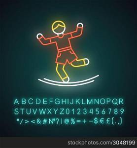Slacklining neon light icon. Balance training. Slack rope, tightrope walking. Person balancing on suspended webbing. Glowing sign with alphabet, numbers and symbols. Vector isolated illustration
