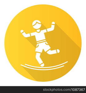 Slacklining yellow flat design long shadow glyph icon. Balance training. Slack rope walking. Tightrope walker. Person balancing on suspended webbing. Extreme sport. Vector silhouette illustration