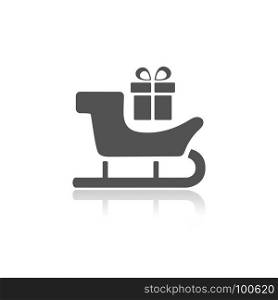Sled icon with gift and reflection on white background