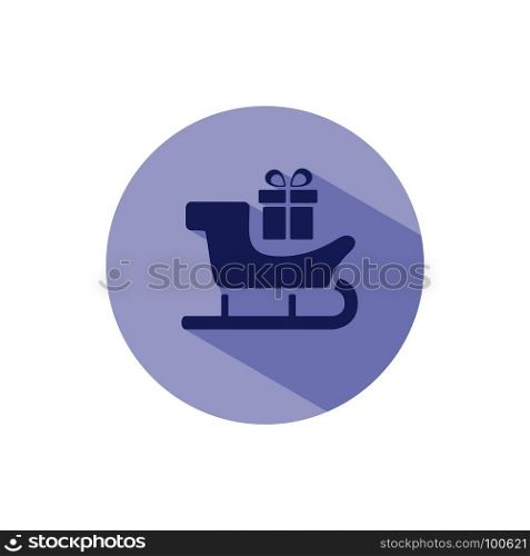 Sled icon with gift and shade on blue circle