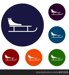 Sled icons set in flat circle reb, blue and green color for web. Sled icons set