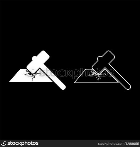 Sledge hammer breaks hard surface with formation of strong cracks icon outline set white color vector illustration flat style simple image. Sledge hammer breaks hard surface with formation of strong cracks icon outline set white color vector illustration flat style image