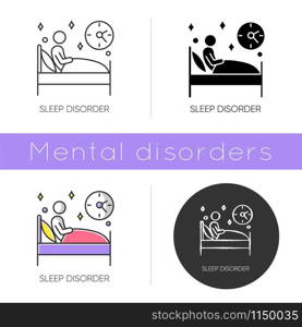 Sleep deprivation icon. Insomnia. Man alone in bed. Awake at night. Sleeplessness. Disturbed sleep. Dyssomnia. Mental disorder. Flat design, linear and color styles. Isolated vector illustrations