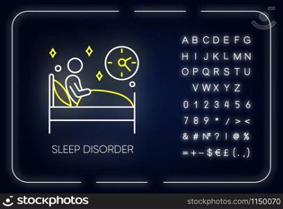 Sleep deprivation neon light icon. Insomnia. Man in bed. Awake at night. Disturbed sleep. Dyssomnia. Mental disorder. Glowing sign with alphabet, numbers and symbols. Vector isolated illustration