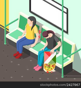 Sleep disorder isometric background with tired woman during nap in metro carriage vector illustration. Sleep Disorder Isometric Background