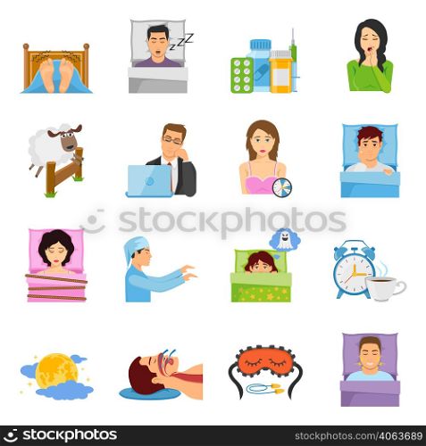 Sleep disorders decorative icons set with cartoon characters of suffering people sleeping mask alarm and medication vector illustration. Sleep Disorders Icon Set