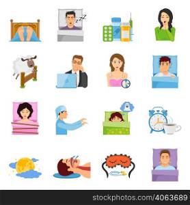 Sleep disorders decorative icons set with cartoon characters of suffering people sleeping mask alarm and medication vector illustration. Sleep Disorders Icon Set