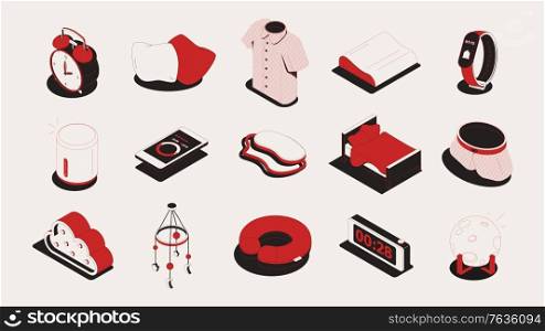 Sleep goods set of isometric icons and isolated images of soft clothes alarm clocks and gadgets vector illustration. Sleep Goods Icon Set