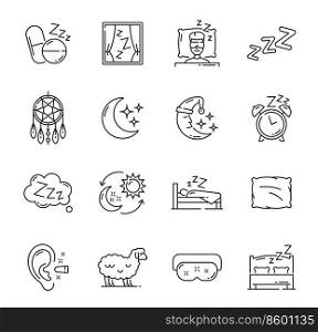 Sleep icons, night dreams and bedtime items, bed pillow, moon and bedroom vector symbols. Sleep snooze zzz linear icon with cartoon sheep, sleeping mask and ear plug, alarm clock and dream catcher. Sleep icons, night dreams, bedtime pillow and moon