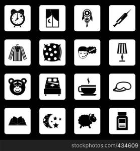 Sleep icons set in white squares on black background simple style vector illustration. Sleep icons set squares vector