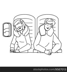 sleep in plane vector. air flight, seat travel, passenger air, man cab, neck side sleep in plane character. people black line illustration. sleep in plane vector