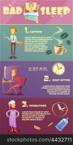 Sleep Man Infographic. Color infographic depicting reason bad sleep caffeine night sitting mosquitoes vector illustration