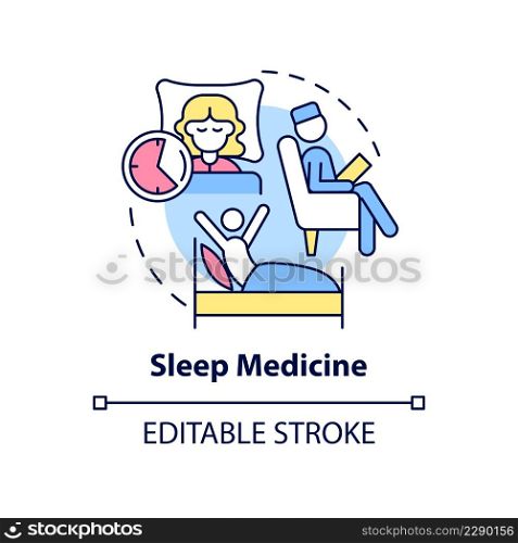 Sleep medicine concept icon. Insomnia treatment. Service of medical center abstract idea thin line illustration. Isolated outline drawing. Editable stroke. Arial, Myriad Pro-Bold fonts used. Sleep medicine concept icon
