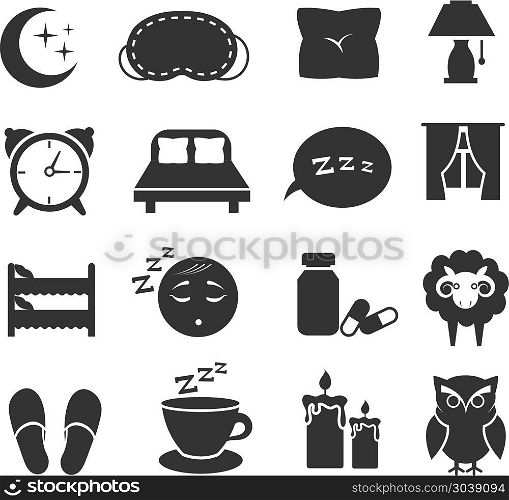 Sleep, night relax, pillow, bed, moon, owl, zzz vector icons sleeping symbols set. Sleep, night relax, pillow, bed, moon, owl, zzz vector icons sleeping symbols set. Bedroom for rest, clock and moon with star illustration