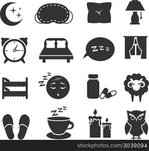 Sleep, night relax, pillow, bed, moon, owl, zzz vector icons sleeping symbols set. Sleep, night relax, pillow, bed, moon, owl, zzz vector icons sleeping symbols set. Bedroom for rest, clock and moon with star illustration