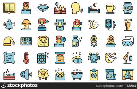 Sleep problems icons set. Outline set of sleep problems vector icons thin line color flat isolated on white. Sleep problems icons set line color vector