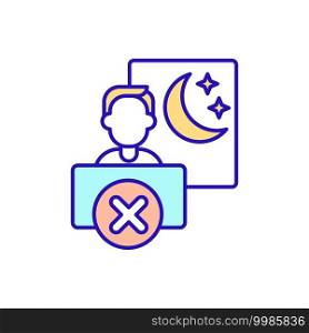 Sleep problems of job change RGB color icon. Irregular work schedule. Telework on night. Increased voltage and stress. Hate for work. Painful lack of sleep. Isolated vector illustration. Sleep problems of job change RGB color icon