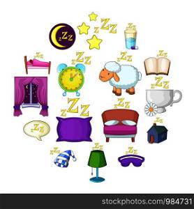 Sleep symbols icons set. Cartoon illustration of 16 sleep symbols vector icons for web. Sleep symbols icons set, cartoon style