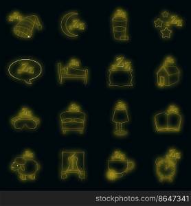 Sleep symbols icons set. Illustration of 16 sleep symbols vector icons neon color on black. Sleep symbols icons set vector neon
