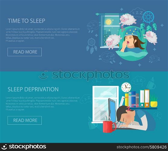 Sleep Time Banner. Sleep time horizontal banner set with deprivation disorder flat elements isolated vector illustration