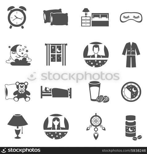 Sleep time black icons set with moon window and pajama isolated vector illustration. Sleep Time Icons Set