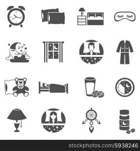 Sleep time black icons set with moon window and pajama isolated vector illustration. Sleep Time Icons Set